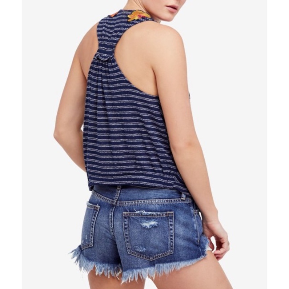 {Free People} Embroidered Blue Racerback Top - Picture 2 of 5